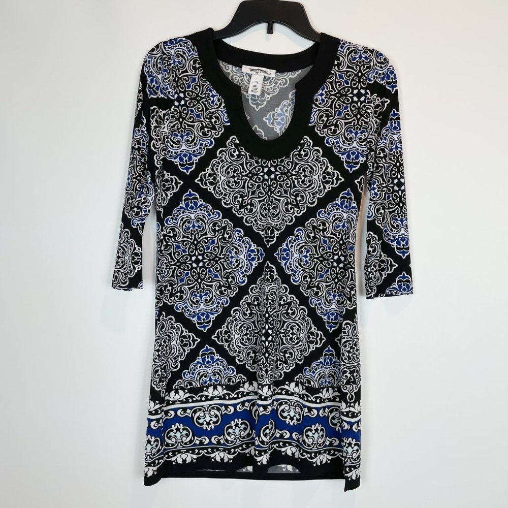 NWOT White House Black Market Tunic Dress Black Blue Print XS